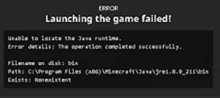 minecraft launcher update runtime environment not found