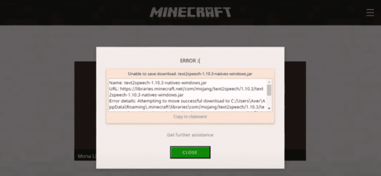 minecraft java launcher error message unable to save download