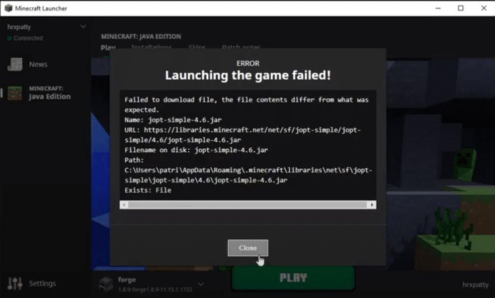 failed to verify username minecraft t launcher