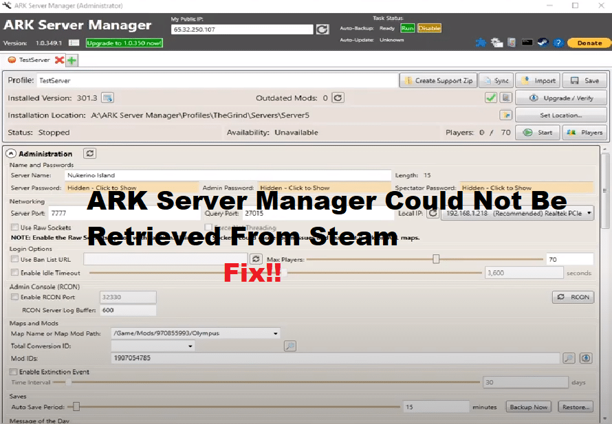 ark server manager mod details could not be retrieved from steam
