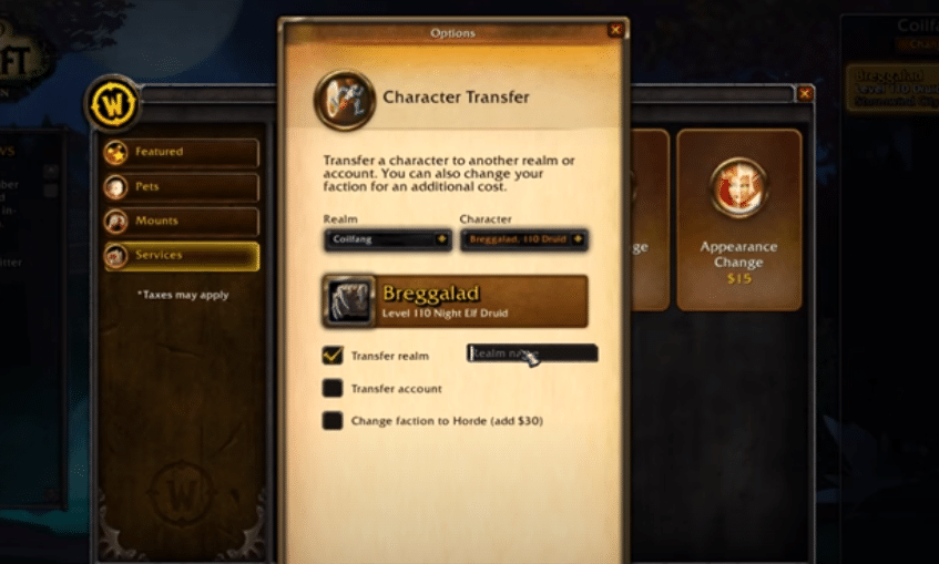 can't transfer character wow