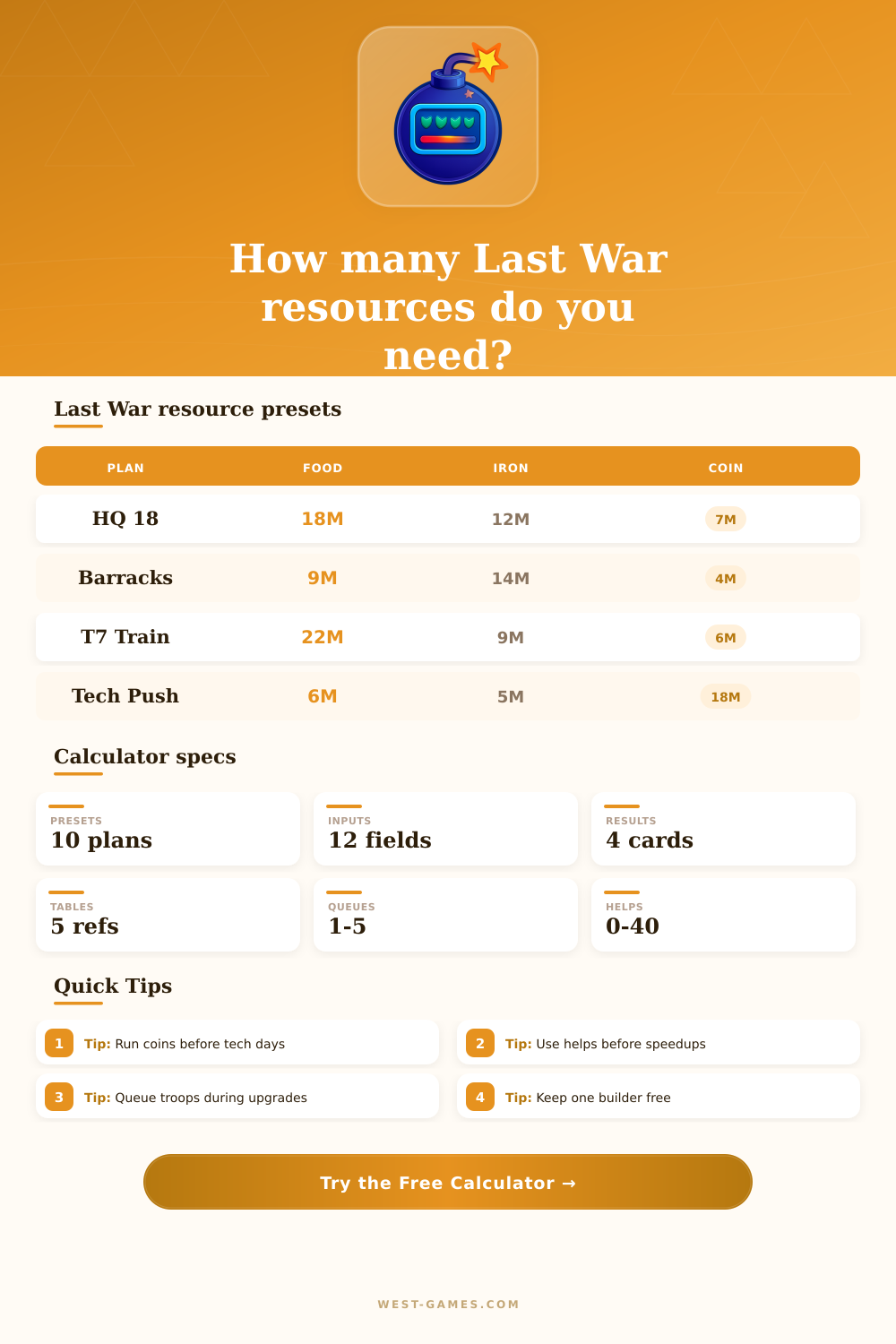Last War Resource Calculator