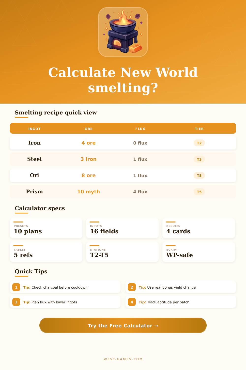 New World Smelting Calculator for Ingots