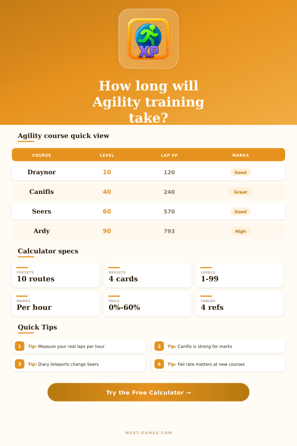 Agility XP Calculator for OSRS Course Training