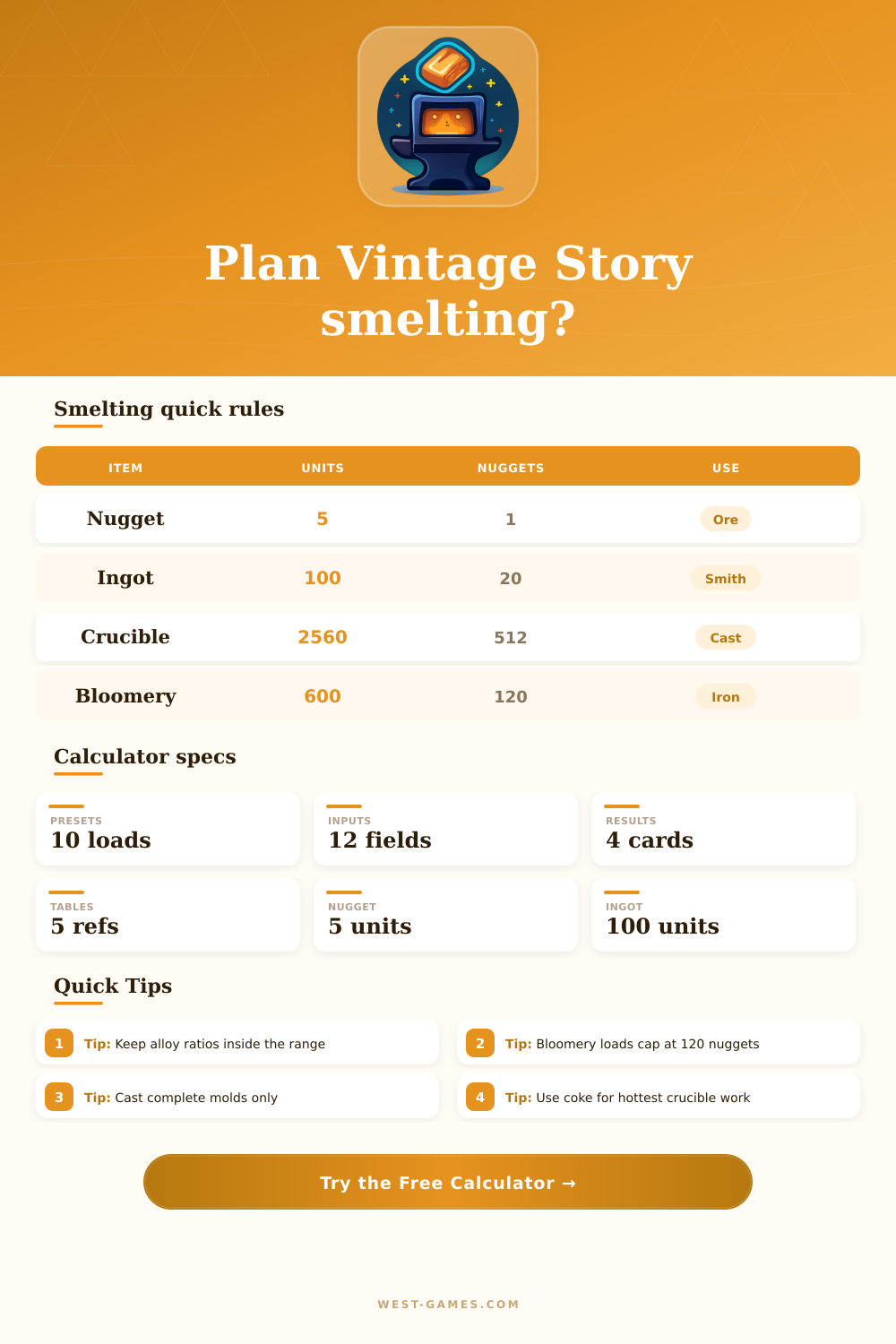Vintage Story Smelting Calculator